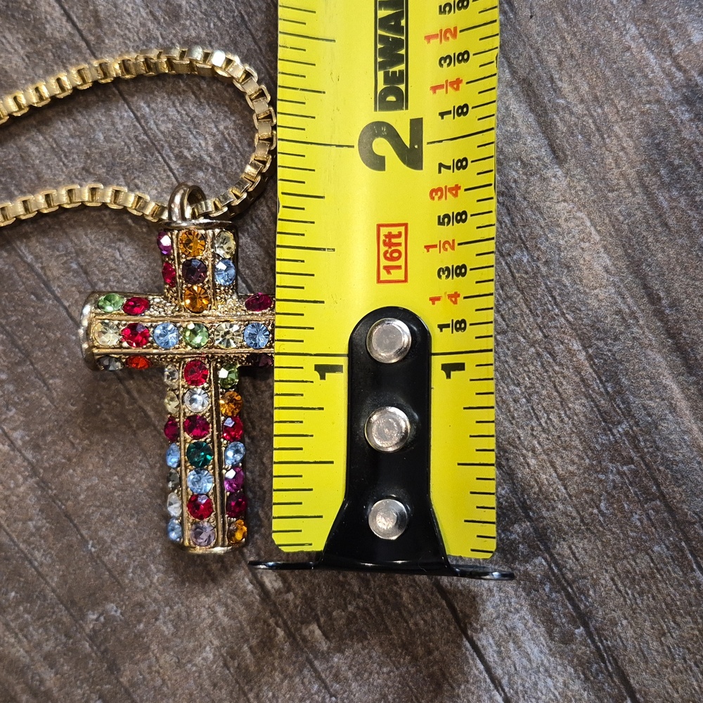 Colorful Rhinestone Gold Tone Cross Pendant Thick Gold Chain Necklace/Brooch - Picture 13 of 14